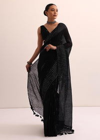 Black Cotton Linen Saree With Thread Work And Unstitched Blouse