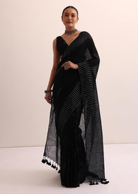 Black Cotton Linen Saree With Thread Work And Unstitched Blouse