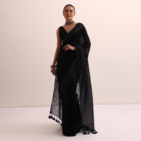 Black Cotton Linen Saree With Thread Work And Unstitched Blouse