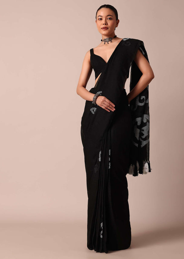 Black Cotton Linen Saree With Thread Work And Unstitched Blouse Piece