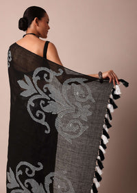 Black Cotton Linen Saree With Thread Work And Unstitched Blouse Piece