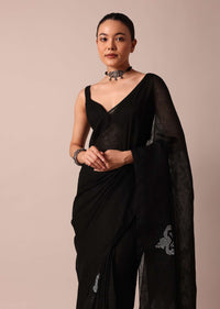 Black Cotton Linen Saree With Thread Work And Unstitched Blouse Piece