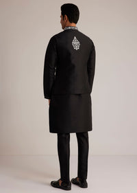 Black Cotton Silk Embroidered Jacket Kurta Set