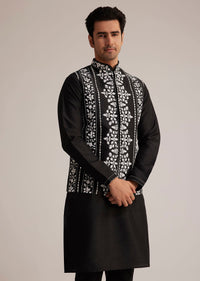 Black Cotton Silk Embroidered Jacket Kurta Set