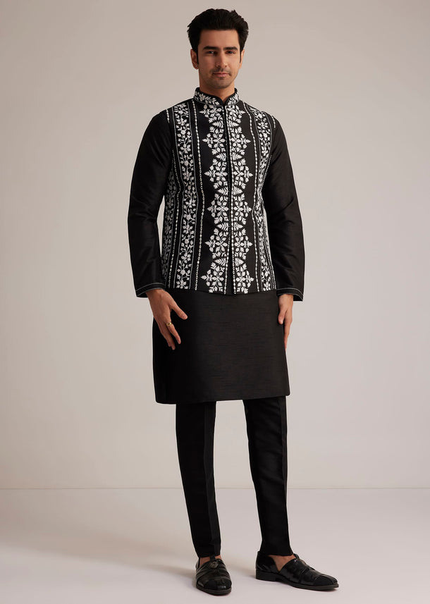 Black Cotton Silk Embroidered Jacket Kurta Set