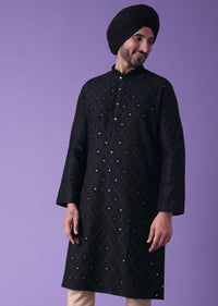 Black Cotton Silk Kurta With Mirror Work Embroidery