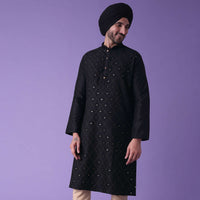 Black Cotton Silk Kurta With Mirror Work Embroidery