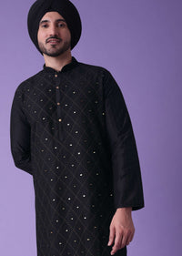 Black Cotton Silk Kurta With Mirror Work Embroidery