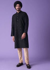 Black Cotton Silk Kurta With Mirror Work Embroidery