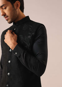 Black Cowl Draped Kurta Set with Cutwork Detail