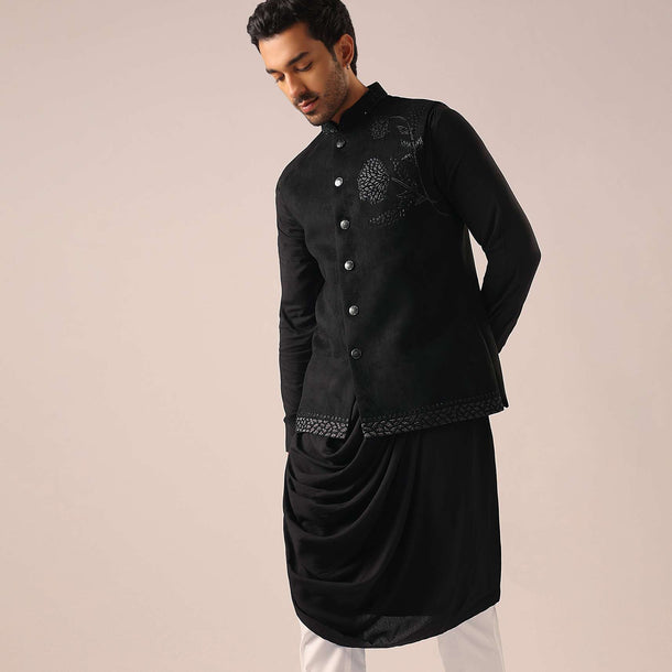 Black Cowl Draped Kurta Set with Cutwork Detail