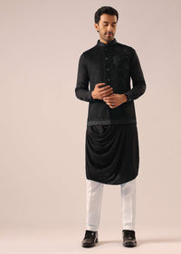 Black Cowl Draped Kurta Set with Cutwork Detail