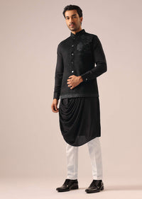 Black Cowl Draped Kurta Set with Cutwork Detail