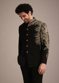 Black Crepe Tuxedo Suit With Hand Work