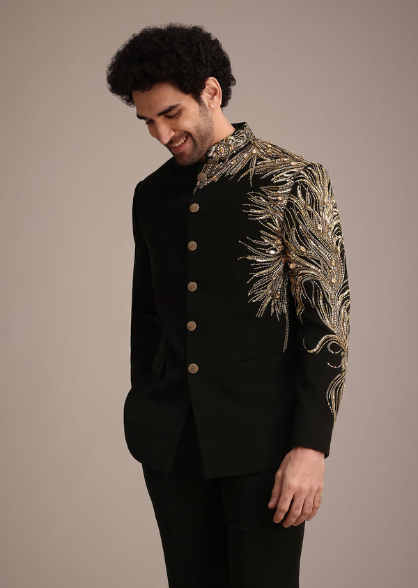 Black Crepe Tuxedo Suit With Hand Work