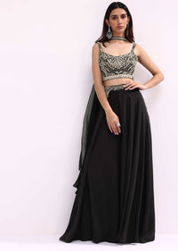 Black Crop Top And Palazzo Set With Zari Work