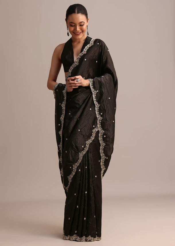 Black Crushed Tissue Saree With Sequin And Cutdana Embroidered Border