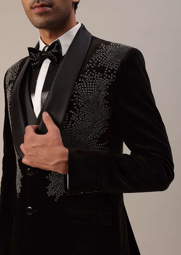 Black Crystal Handwork Tuxedo Set In Velvet