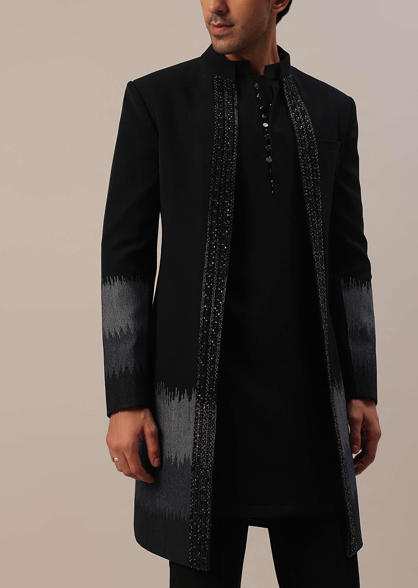 Black Cut Dana Embroidered Indowestern In Suiting Fabric