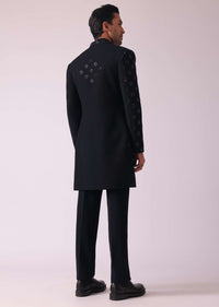 Black Cut Embroidered Indowestern In Suiting Fabric