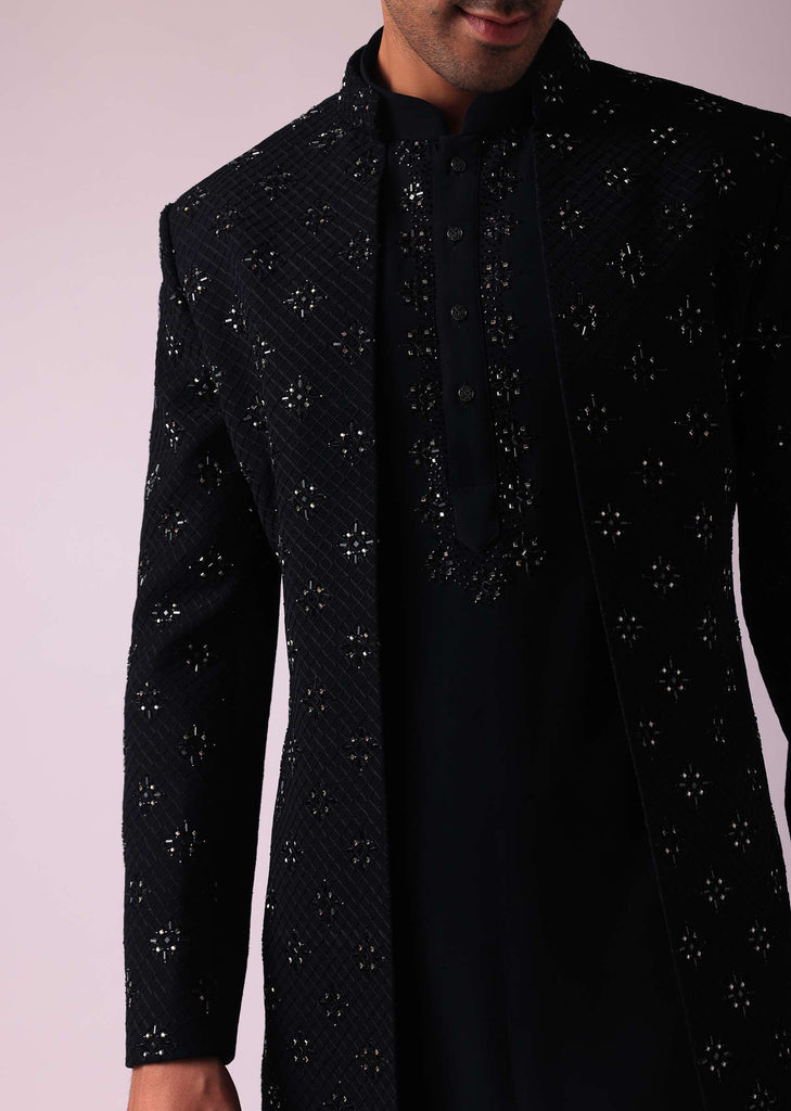 Black Cut Embroidered Indowestern In Suiting Fabric