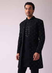 Black Cut Embroidered Indowestern In Suiting Fabric