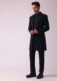 Black Cut Embroidered Indowestern In Suiting Fabric