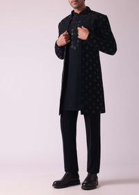 Black Cut Embroidered Indowestern In Suiting Fabric