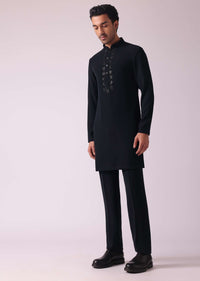 Black Cut Embroidered Indowestern In Suiting Fabric