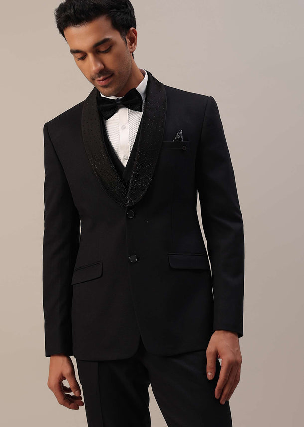 Black Cut Work Embroidered Tuxedo Set In Terry Rayon