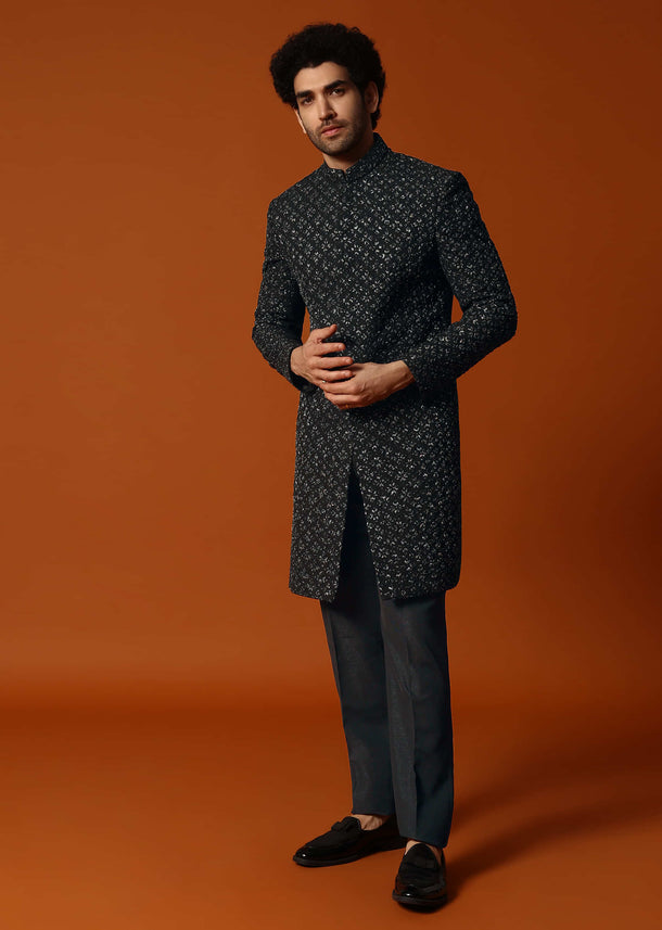 Black Cutdana Embroidered Indowestern Suit For Men