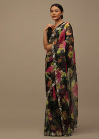 Black Cutdana Embroidered Saree In Organza With Floral Print