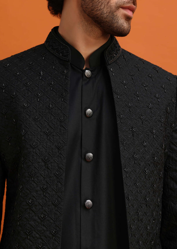 Black Embroidered Sherwani Suit With Cutdana Work