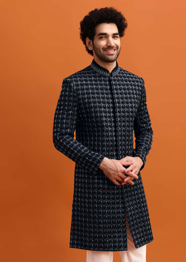 Black Cutdana Work Sherwani Set For Men