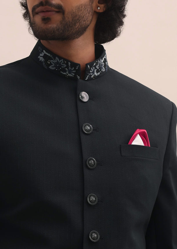 Black Cutdana Embroidered Sherwani For Men