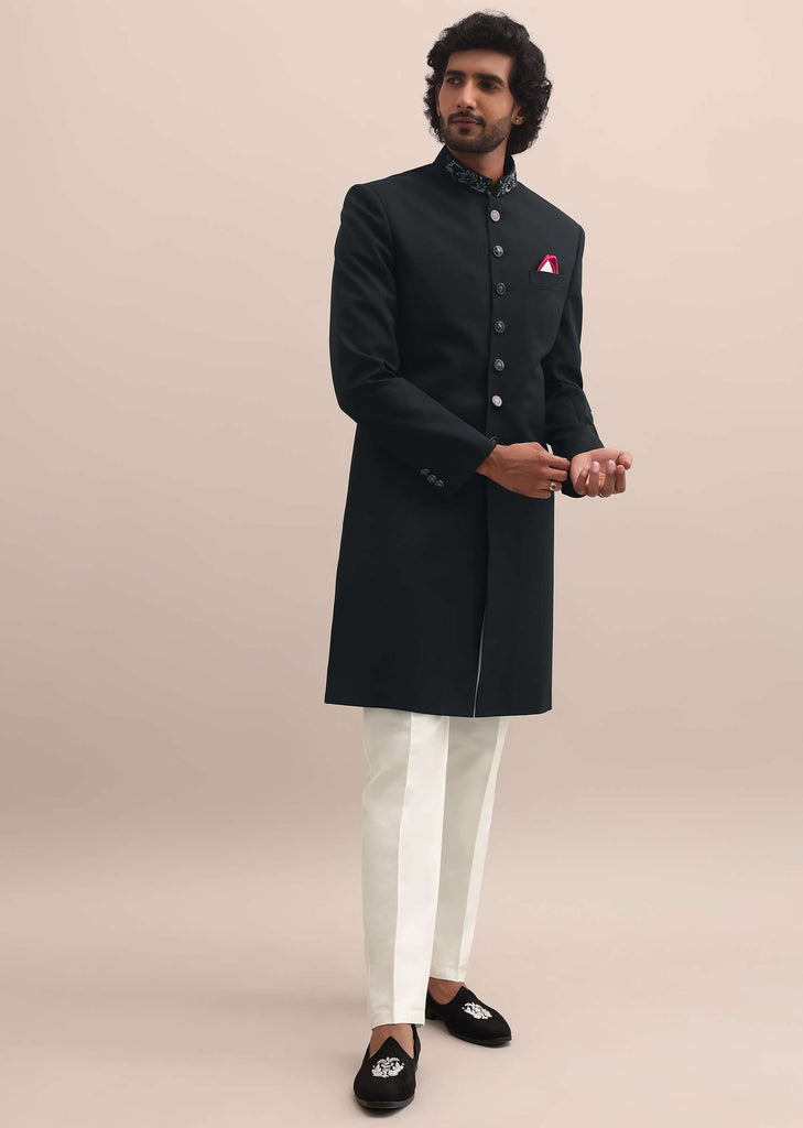 Black Cutdana Embroidered Sherwani For Men