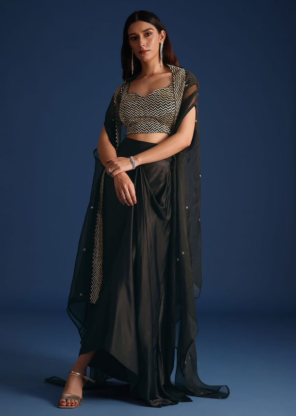 Black Cutdana Work Crop Top With Asymmetric Jacket And Skirt