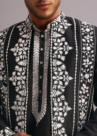 Black Dola Silk Thread Embroidered Sherwani Set