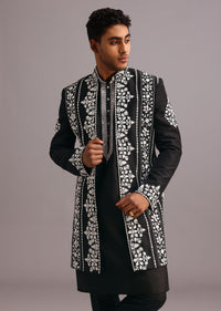 Black Dola Silk Thread Embroidered Sherwani Set