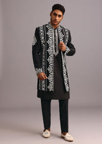 Black Dola Silk Thread Embroidered Sherwani Set