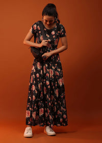 Black Dress With Frills And Floral Prints