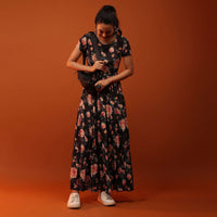 Black Dress With Frills And Floral Prints