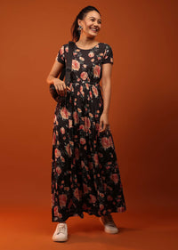 Black Dress With Frills And Floral Prints