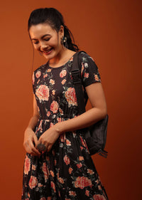 Black Dress With Frills And Floral Prints