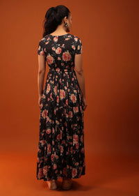 Black Dress With Frills And Floral Prints