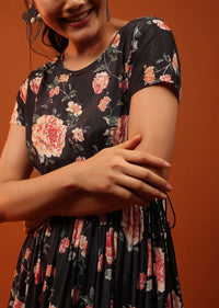 Black Dress With Frills And Floral Prints