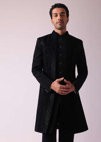 Black Embellished Indowestern In Suiting Fabric