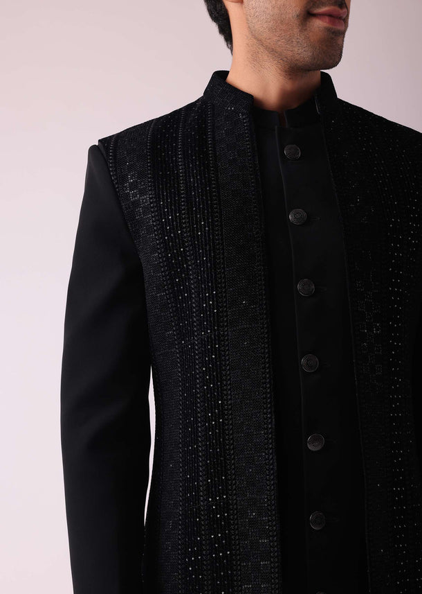 Black Embellished Indowestern In Suiting Fabric