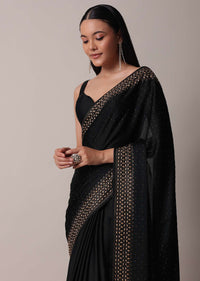 Black Embellished Satin Saree With Unstitched Blouse Piece
