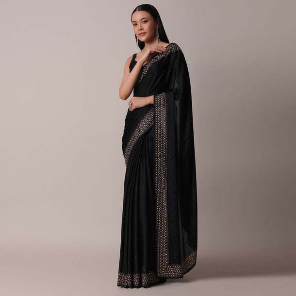 Black Embellished Satin Saree With Unstitched Blouse Piece